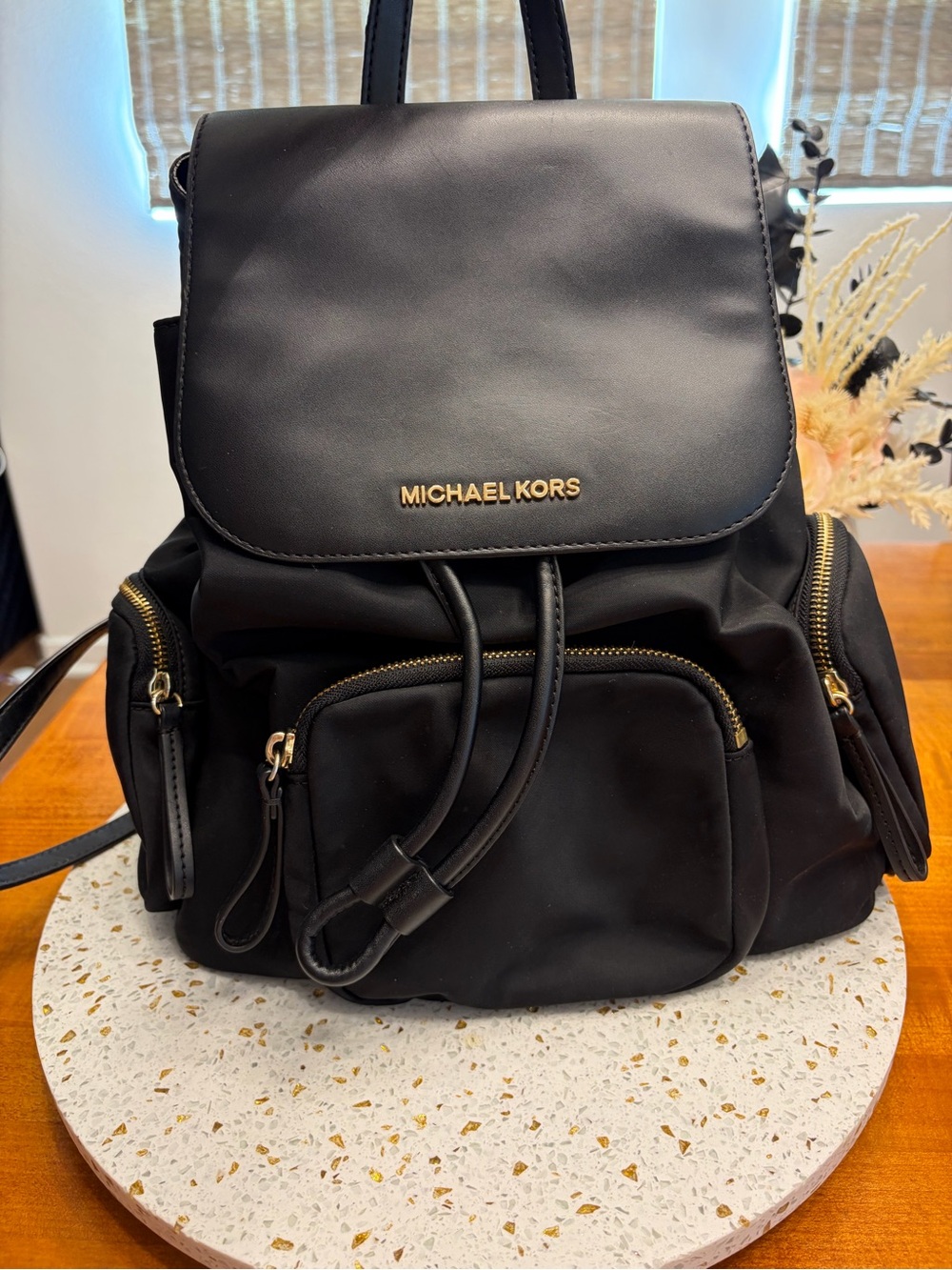 Michael Kors Black Backpack with Gold-Tone Logo and Zippers